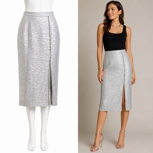 Vintage Solini Skirt Women 4 Silver Metallic Midi High Slit Rhinestone Glam